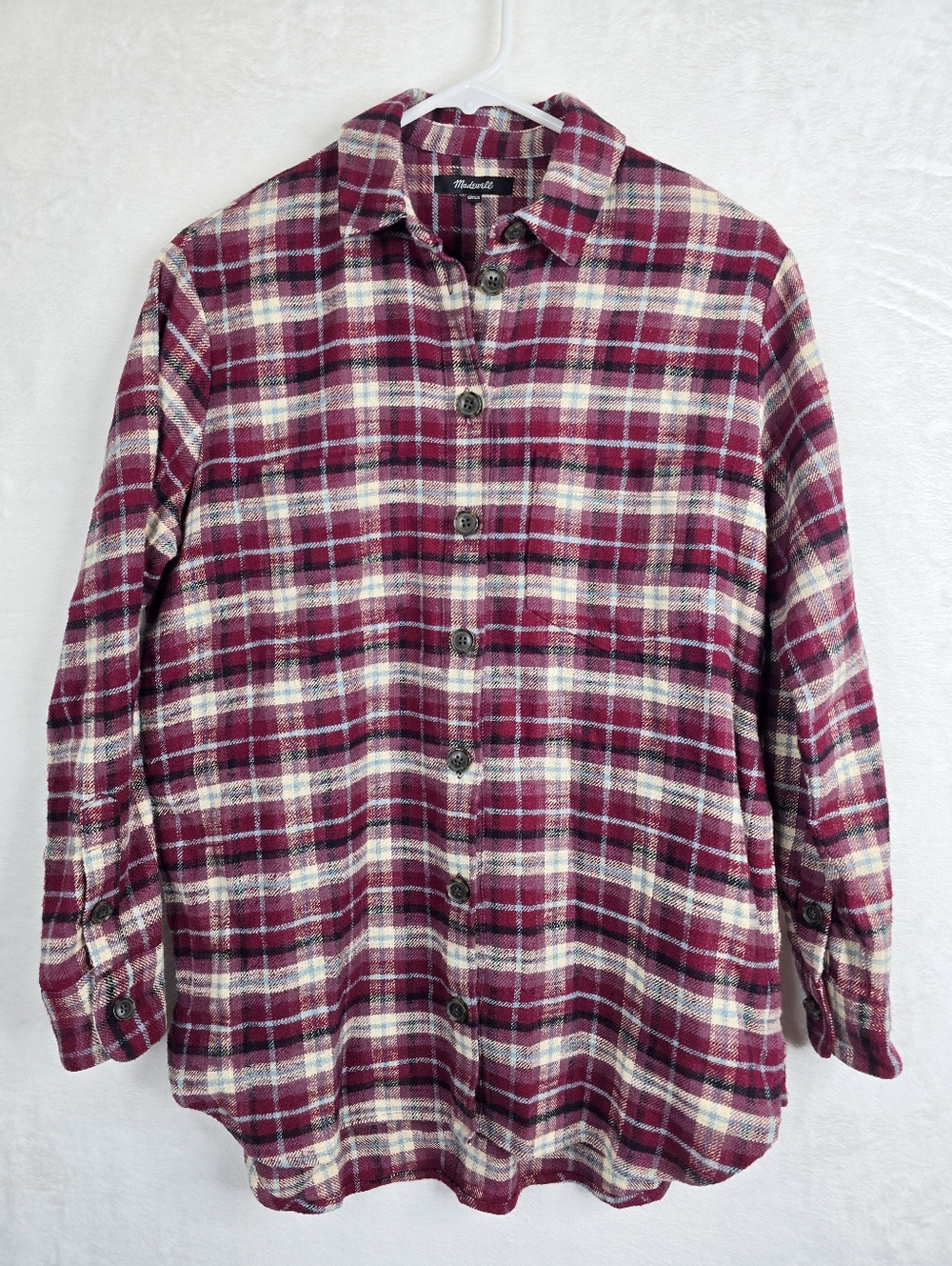 Madewell Plaid Flannel Shirt XXS Button Front Burgundy Cream Lightweight